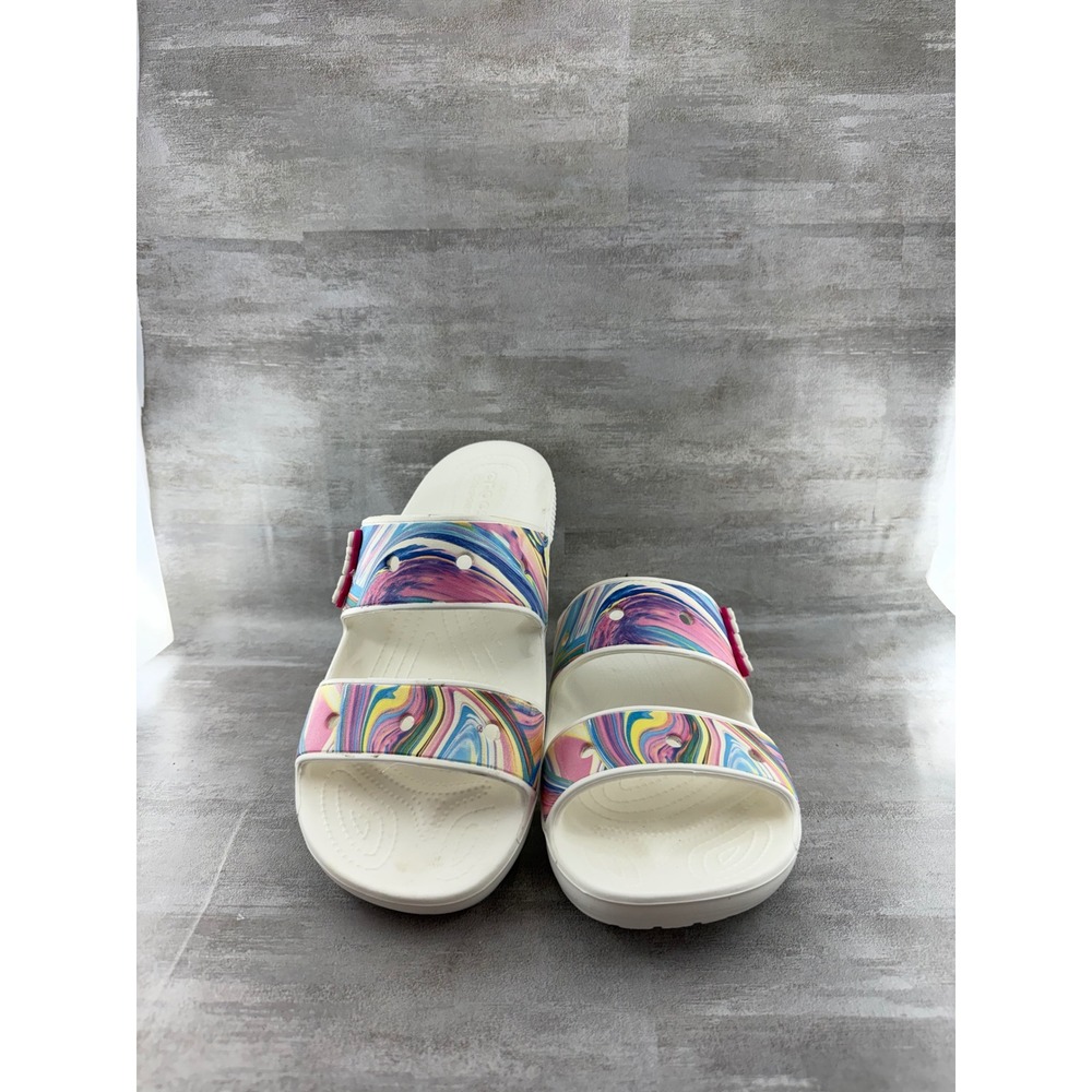 Crocs Classic Slide Sandals White Multi Color Marble Swirl Mens 10 Womens 12